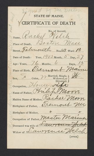 Rachel Welch Death Certificate, June 23, 1902