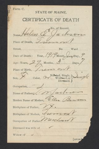 Helen E. Jackson Death Certificate, June 10, 1919