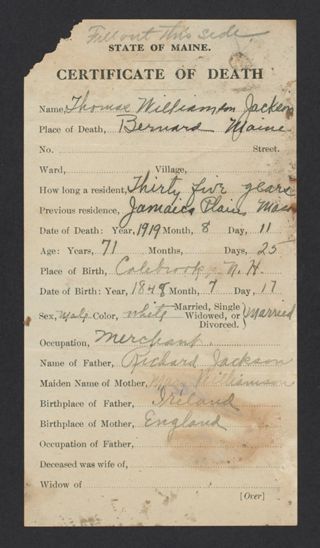 Thomas Williamson Jackson Death Certificate, August 12, 1919