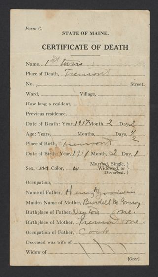 First Goodwin Twin Death Certificate, February 2, 1917