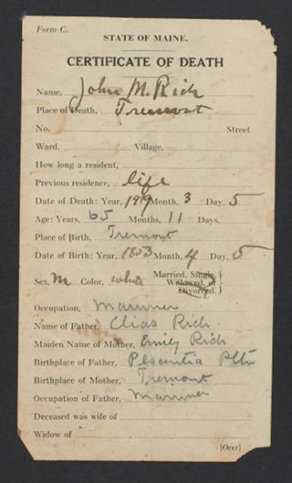 John M. Rich Death Certificate, March 6, 1919