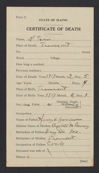 Second Goodwin Twin Death Certificate, February 5, 1917