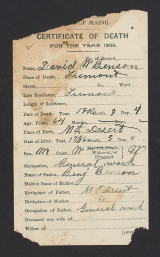 David W. Benson Death Certificate, October 1900
