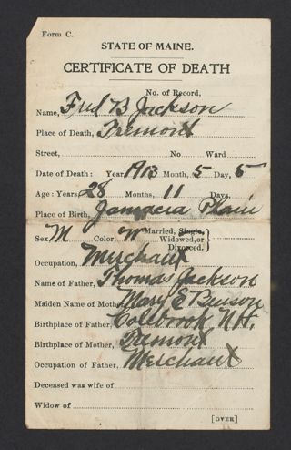 Fred B. Jackson Death Certificate, May 5, 1913