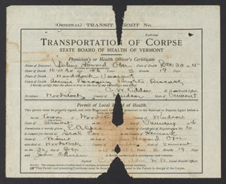 Julius Howard Ober Transportation of Corpse Permit, circa December 30, 1915