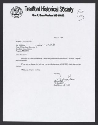 Spencer Ervin to Jill Fileo Letter, May 27, 1998