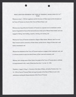Proclamation Honoring the Town of Tremont, Maine Upon its 150th Year, c. May 27, 1998