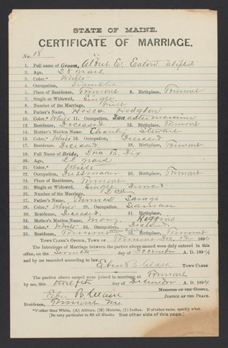 Albert E. Eaton and Ina B. Dix Marriage Certificate, December 12, 1894