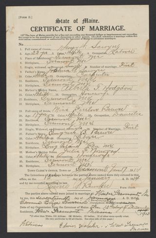 Henry W. Sawyer and Freelove Brewer Marriage Certificate, January 17, 1914