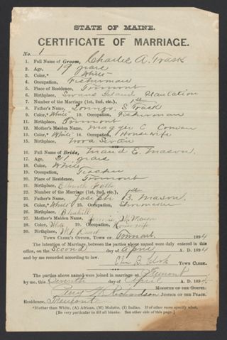Charles A. Trask and Maud E. Mason Marriage Certificate, April 7, 1894