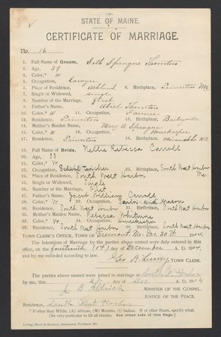 Seth Sprague Thornton and Nellie Rebecca Carroll Marriage Certificate, December 28, 1904