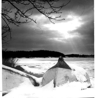 Row boats on shore in winter at Seal Cove