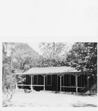 B&W photograph of a cabin in the trees