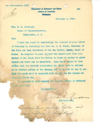 Letter to E.C. Burleigh from the Dept of Commerce, signed but unable to identify signature