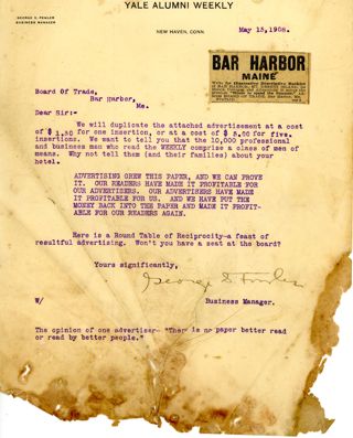 Letter to the Bar Harbor Board of Trade, May 15,1908 regarding an advertisement for Bar Harbor to be published in the Yale Weekly Review.