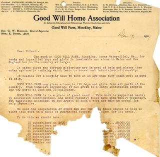 Solicitation letter from the Good Will Home Association from Good Will Farm, Hinckley, ME, Dec.19, 1907