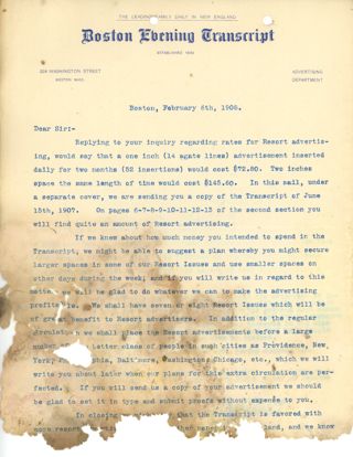 Letter, Boston Evening Transcript, 1908