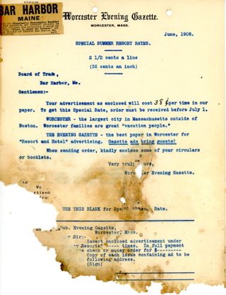 Letter from Worcester Evening Gazette to Bar Harbor Board of Trade