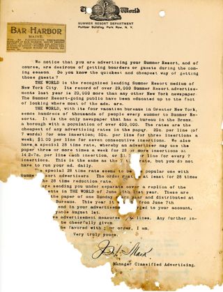 Letter from the Summer Resorts Dept. of The World