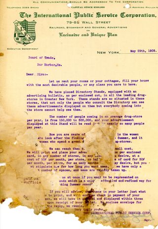 Letter from The International Public Service Corporation to the Bar Harbor Board of Trade