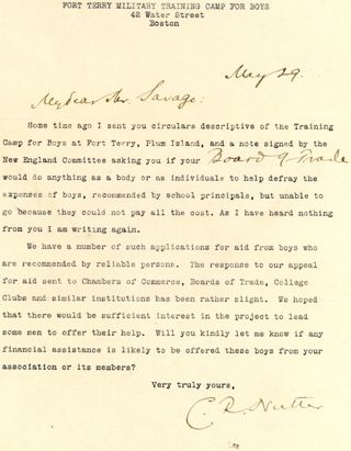 Letter and written material regarding Military Camp for Boys