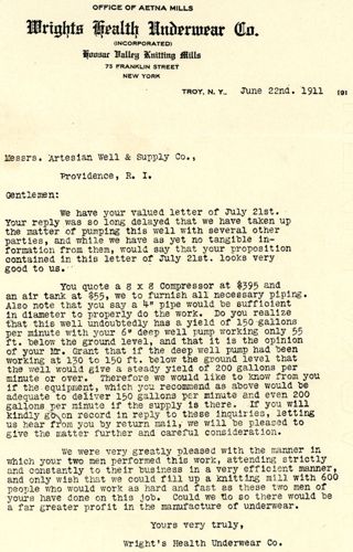 Letter to Artesian Well & Company