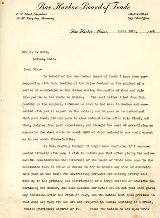 Letter, Bar Harbor Board of Trade, 1908