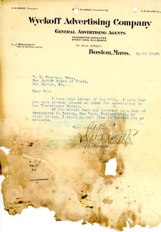 Letter from Wyckoff Advertising Co to the Bar Harbor Board of Trade