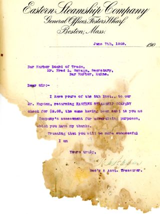 Letter to the Bar Harbor Board of Trade from the Eastern Steamship Company