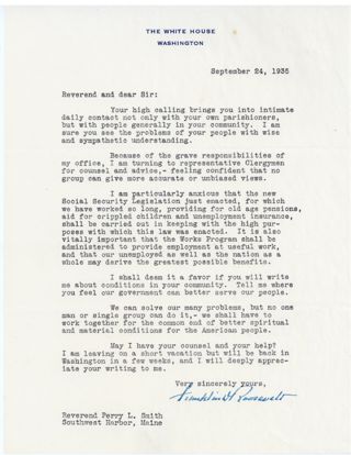 Letter to Rev. Perry, SWHarbor Congregational Church from FDR