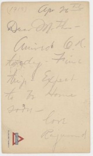 YMCA postcard written by Raymond Somes to Lucy Somes