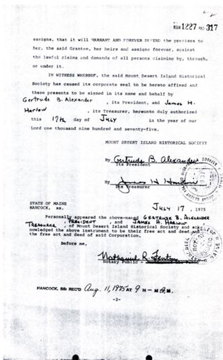 Deed Conveying Land from Emily Grindle to the MDI Historical Society