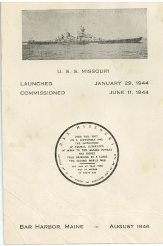 Information card for the U.S.S. Missouri visit to Bar Harbor