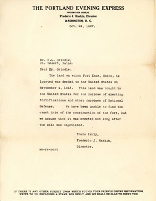 Letter (1927) from The Portland Evening Express Information Bureau