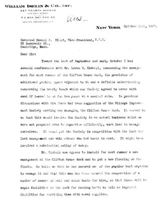Letter (1937) from William Iselin & Co. to Samuel Atkins Eliot re: Clifton Dock