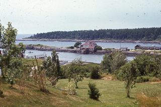 Large building on spit.