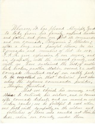 Resolution re death of Benjamin T. Atherton, Commander of Post