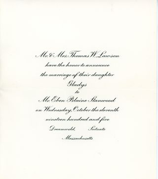 Wedding Announcement- 1905, Thomas Lawson, Gladys Lawson, Eben Blaine Stanwood,