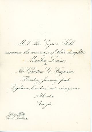 Wedding Announcement- 1891, Cyrus Hall, Martha Louise Hall, Clinton G. Ferguson
