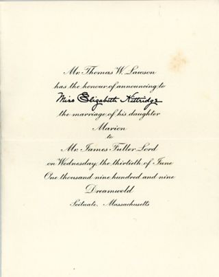 Wedding Announcement- 1909, Thomas W. Lawson, Marion Lawson, James Fuller Lord