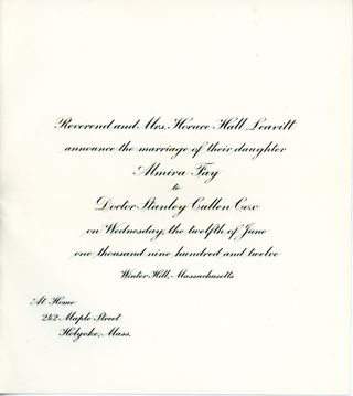 Wedding Announcement- 1912, Reverend Horace Hall Leavitt, Almira Fay Leavitt, Dr. Stanley Cullen Cox,