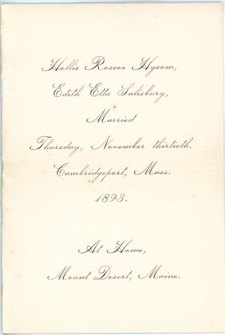 Wedding Announcement -1893, Hollis Roscoe Hysom, Edith Etta Salisbury