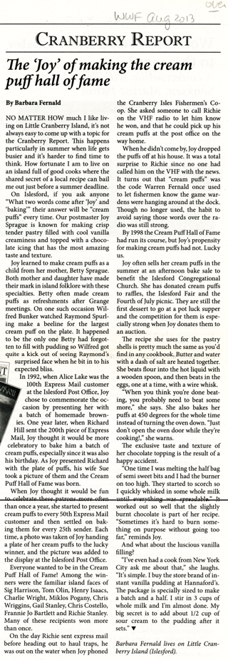 Newspaper article: The 'Joy' of making the cream puff hall of fame { August 2013 :: The Working Waterfront }