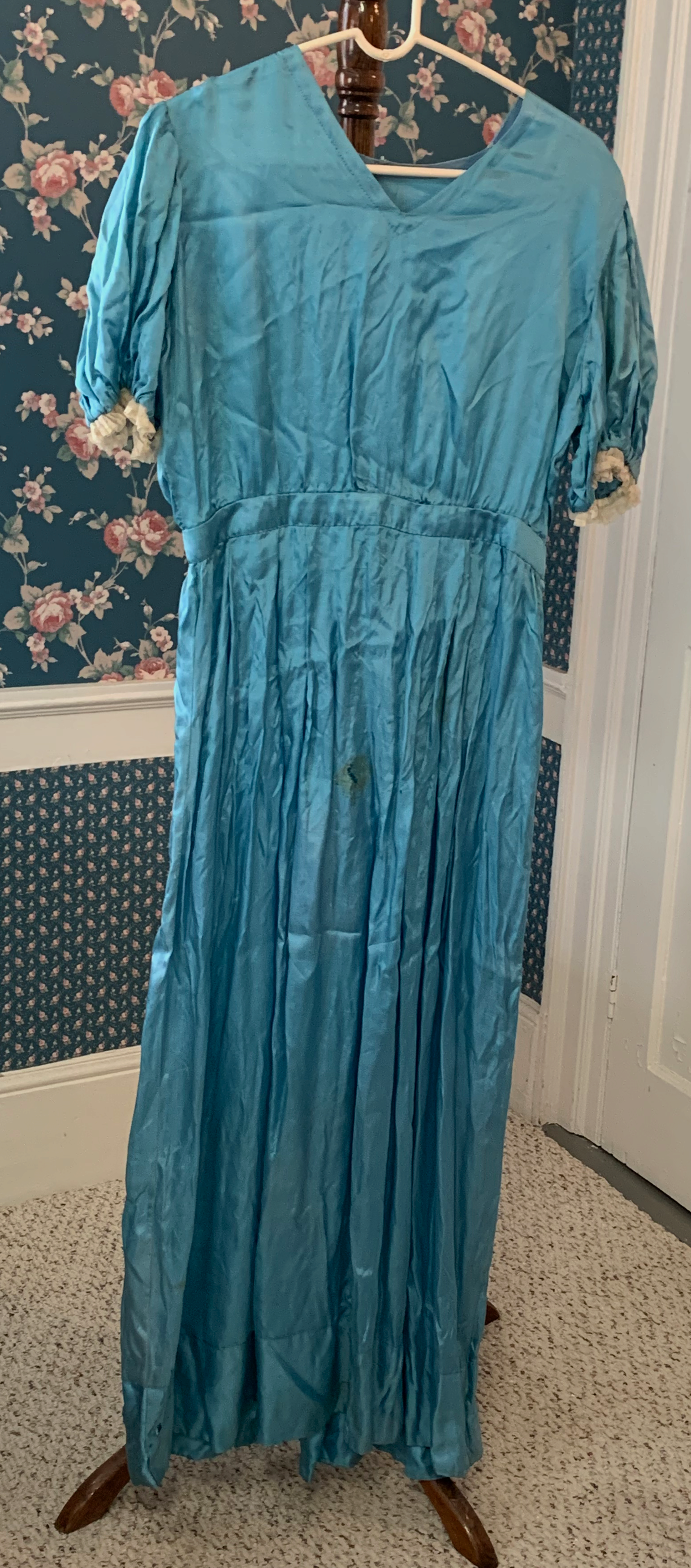 Long Blue Dress with full skirt, sash, and lace-trimmed sleeves