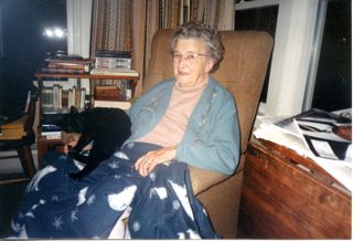 Moore, Esther, age 92, with her cat, Salem