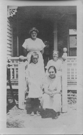 Millicent Flavilla Trask and Flavilla Mary Trask, outside with two unknown children
