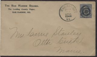 Canceled envelope sent in 1894 from Bar Harbor post office to Carrie Stanley in Otter Creek. Pre-printed return address of The Bar Harbor Record.