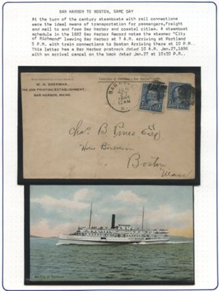 Envelope with stamps sent from Bar Harbor to Chas. B. Pineo, Esq. Return address W.H.Sherman, printers, Bar Harbor. Includes postcard of the steamship "City of Rockland".