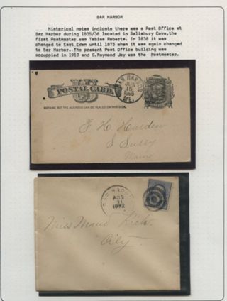 Envelope and postcard with stamps sent from Bar Harbor.