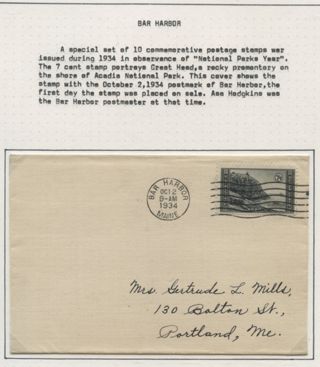 1934 envelope with stamp picturing Great Head in Acadia National Park.